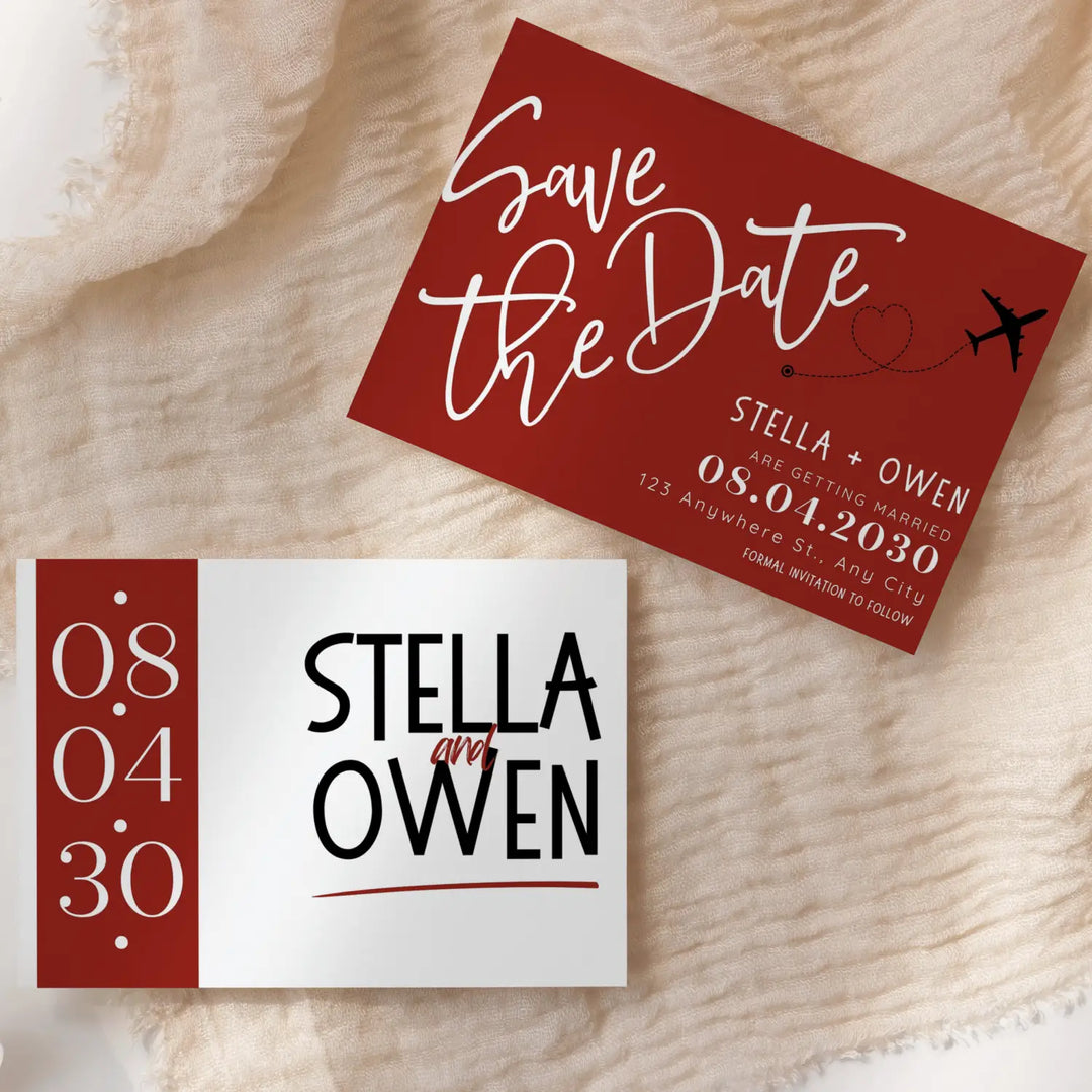 Custom Retro Red, White, and Black Save the Date Cards - Personalized 4x6 Inch Invitations with Elegant Typography and White Envelopes - Perfect for Weddings, Birthdays, and Showers