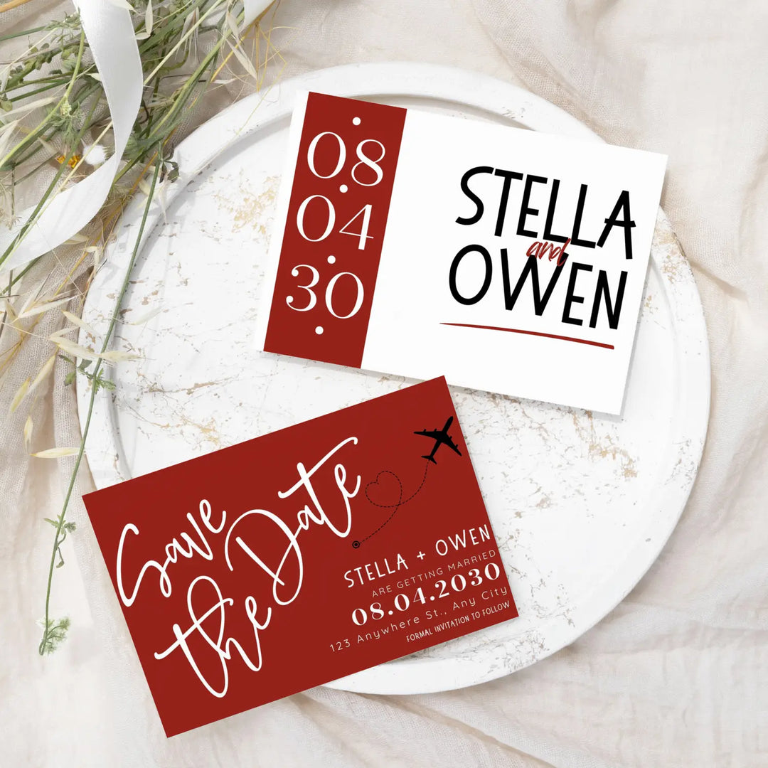 Custom Retro Red, White, and Black Save the Date Cards - Personalized 4x6 Inch Invitations with Elegant Typography and White Envelopes - Perfect for Weddings, Birthdays, and Showers