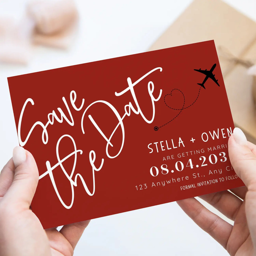 Custom Retro Red, White, and Black Save the Date Cards - Personalized 4x6 Inch Invitations with Elegant Typography and White Envelopes - Perfect for Weddings, Birthdays, and Showers