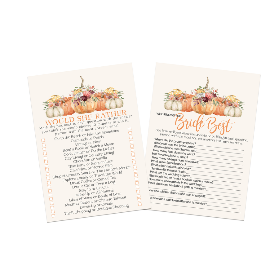 Bridal Shower Game Set - Rustic Pumpkin ‘Would She Rather’ & ‘Bride Best’ Fun, Double-Sided Cards for 25 Guests - Paper Clever Party