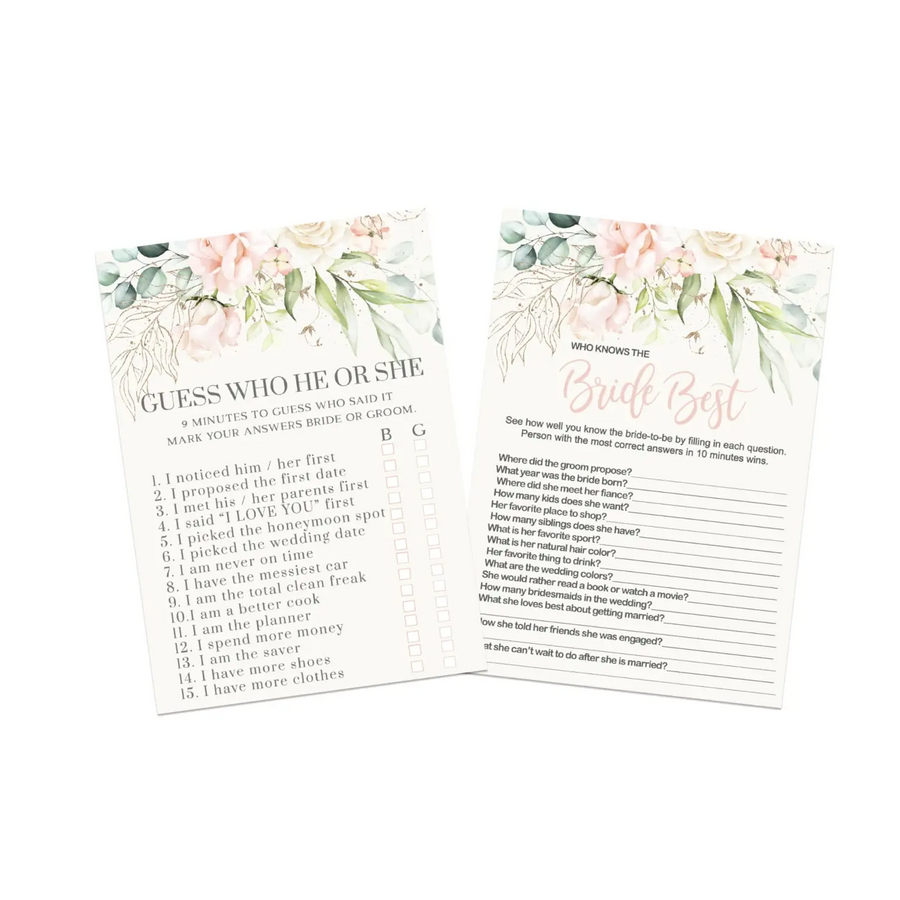 Bride Best and He or She Said Blush Blooms Bridal Shower Game - Pink Double-Sided 5x7 Cards for 25 Guests - Paper Clever Party