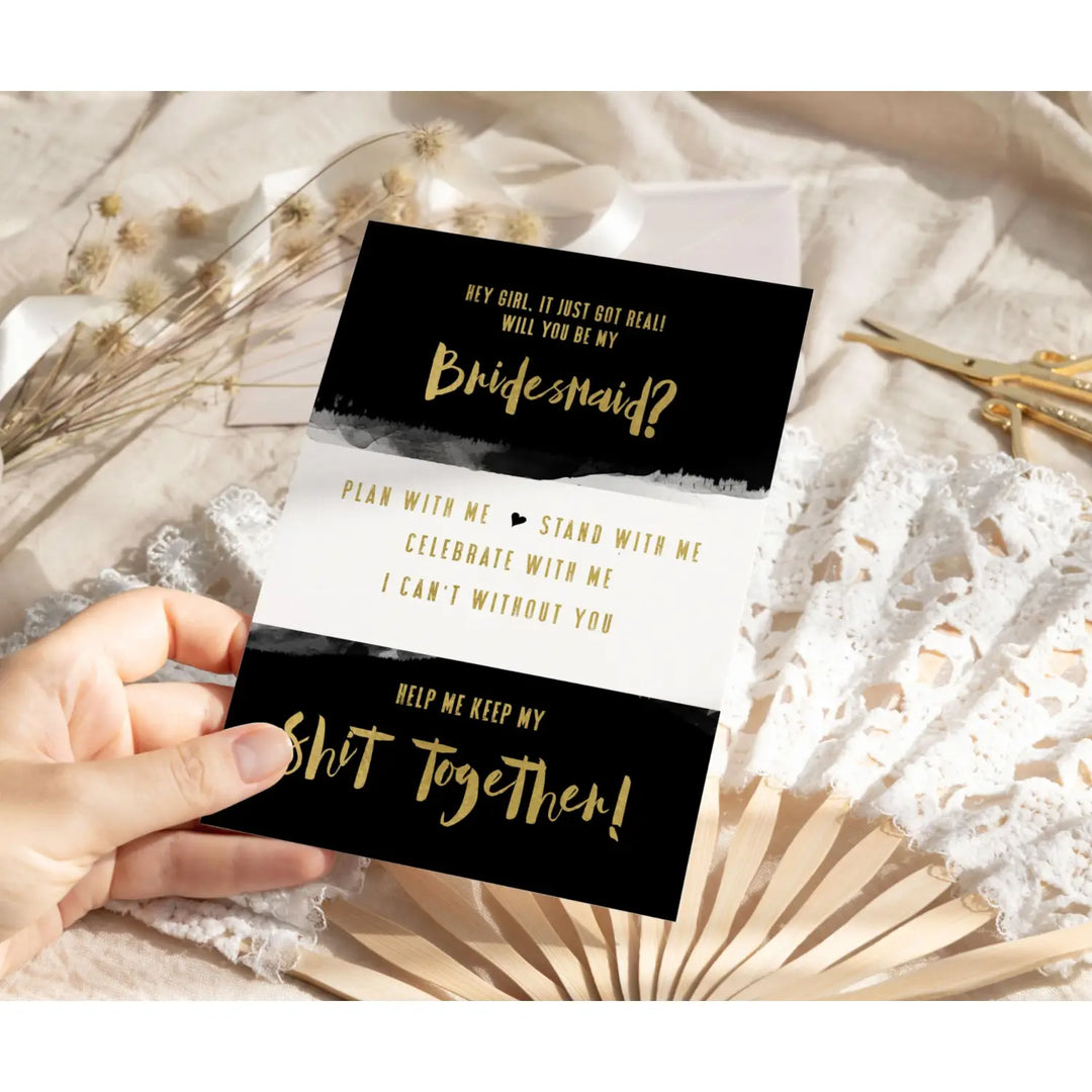 Bridesmaid Cards with Envelopes Black and Gold 6 Pack - Invitations