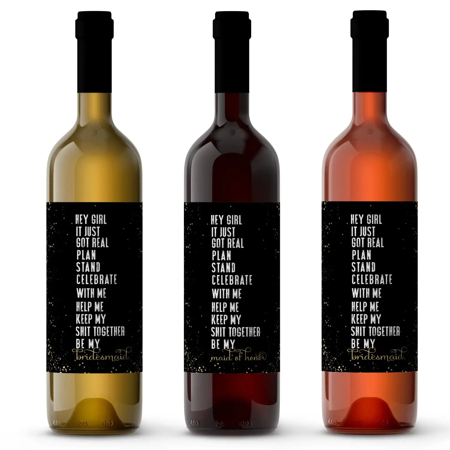 Bridesmaid wine labels black and gold - kitchen