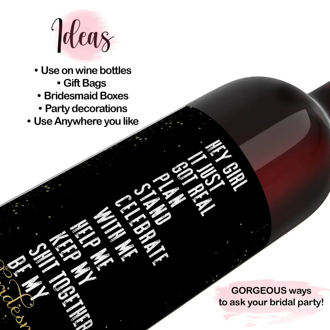 Bridesmaid Wine Labels, Black and Gold - Paper Clever Party