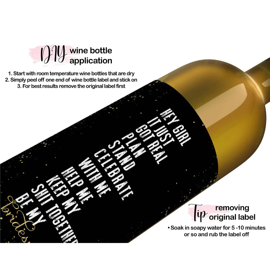 Bridesmaid Wine Labels, Black and Gold - Paper Clever Party