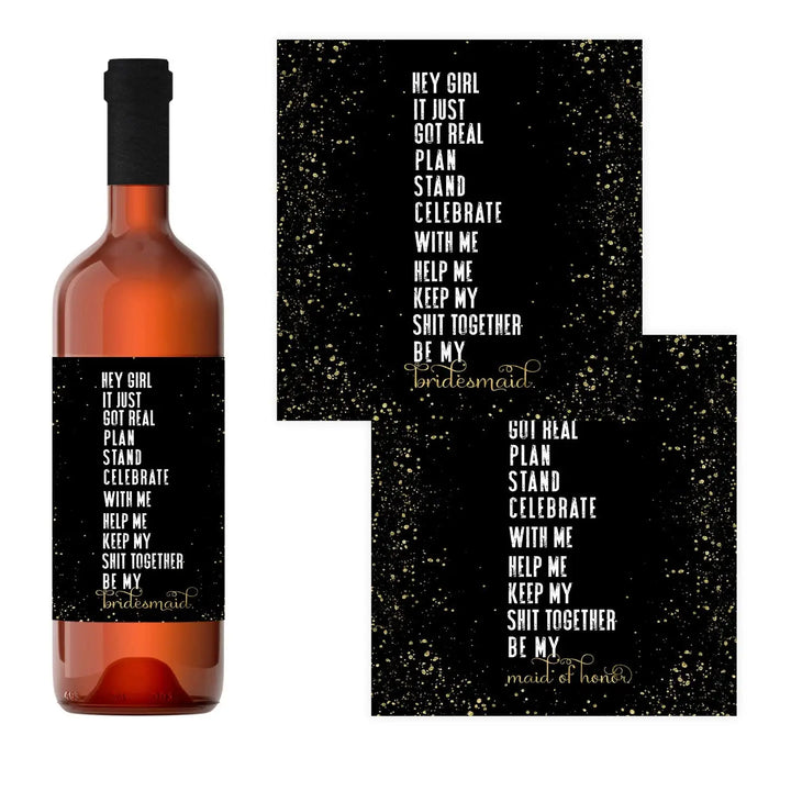 Bridesmaid Wine Labels, Black and Gold - Paper Clever Party