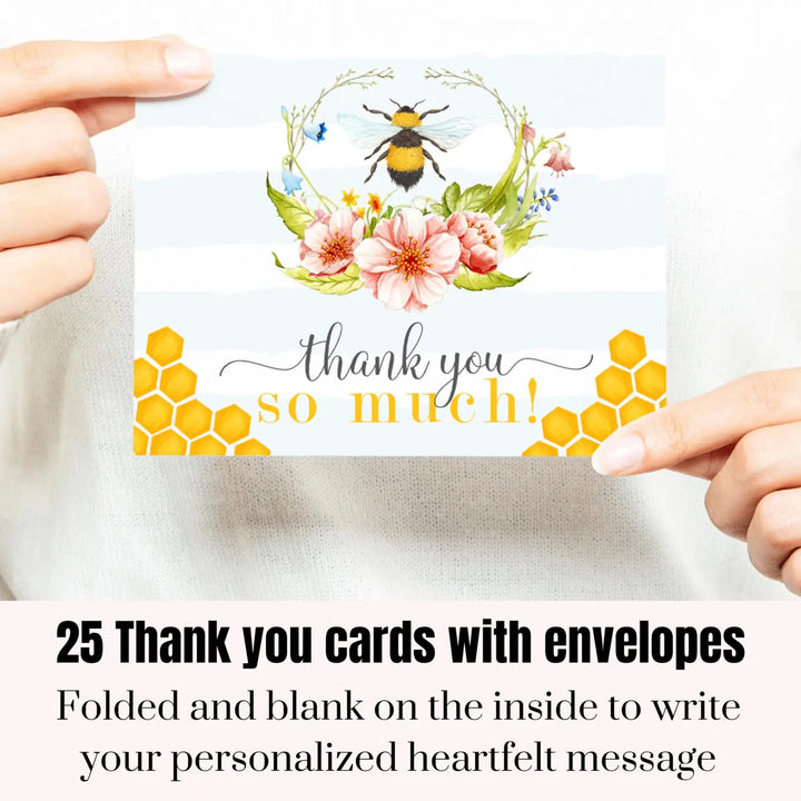 Bumblebee All-Occasion Thank You Cards - Rustic ‘Mama to Bee’ Design, 25-Pack with Envelopes - Paper Clever Party