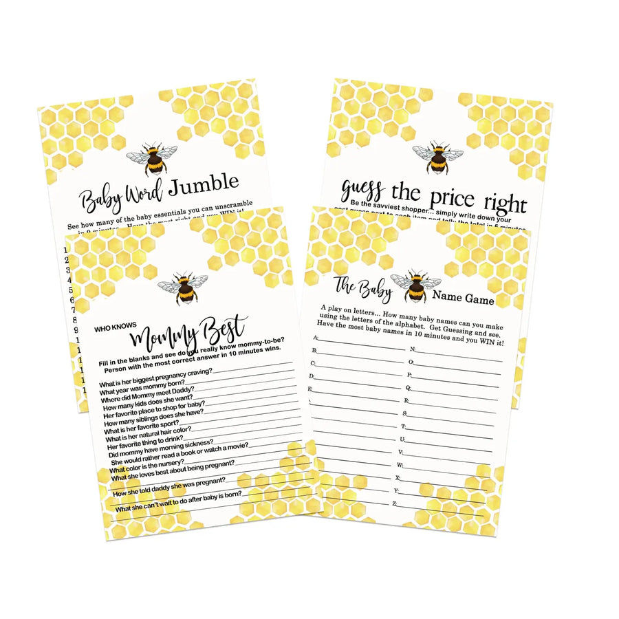 Bumblebee Baby Shower Game Pack, Yellow & Black, 5x7 Cards (25 ct) - Paper Clever Party