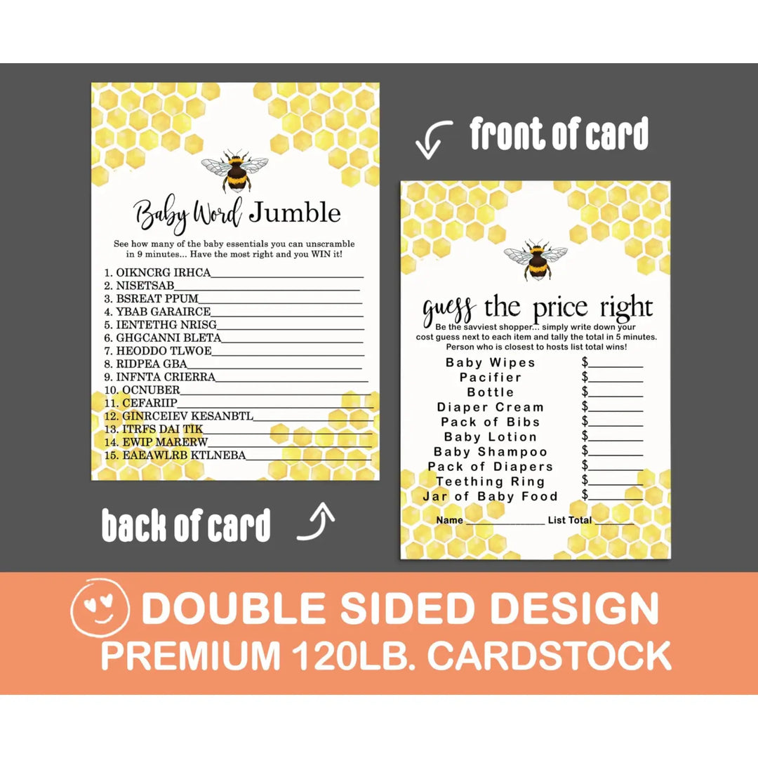 Bumblebee Baby Shower Game Pack, Yellow & Black, 5x7 Cards (25 ct) - Paper Clever Party