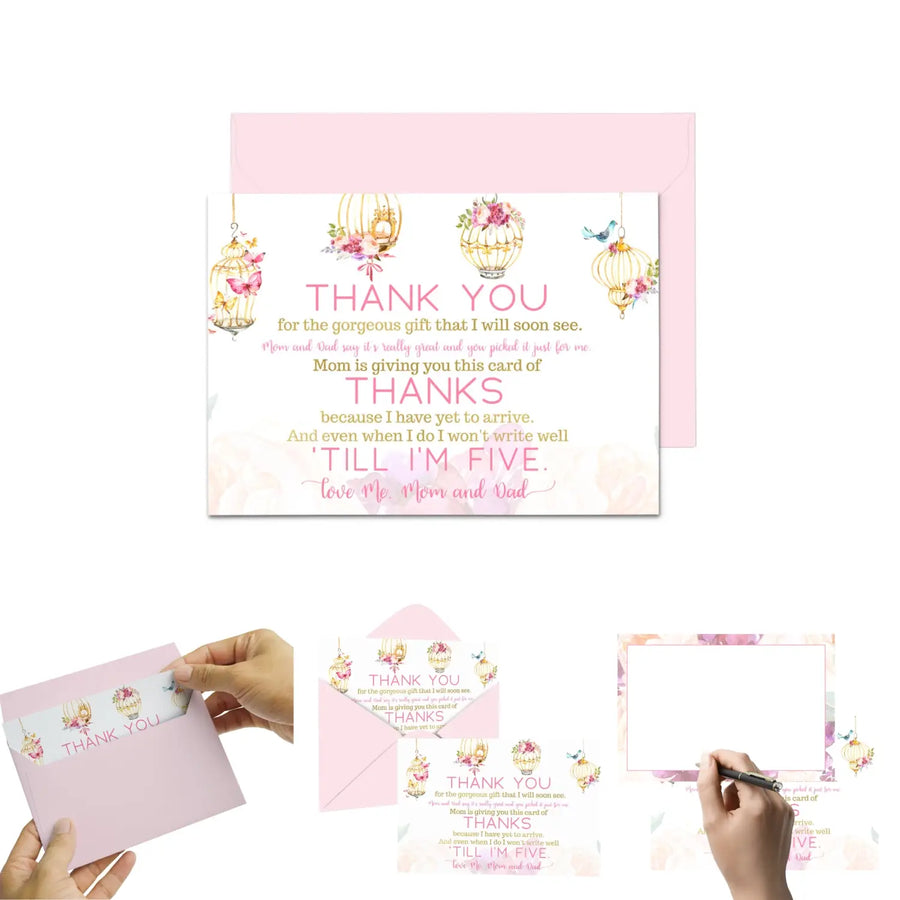 Butterfly and Floral Girls Baby Shower Thank You Cards - 15 Pack with Pink Envelopes, 4x6 - Paper Clever Party