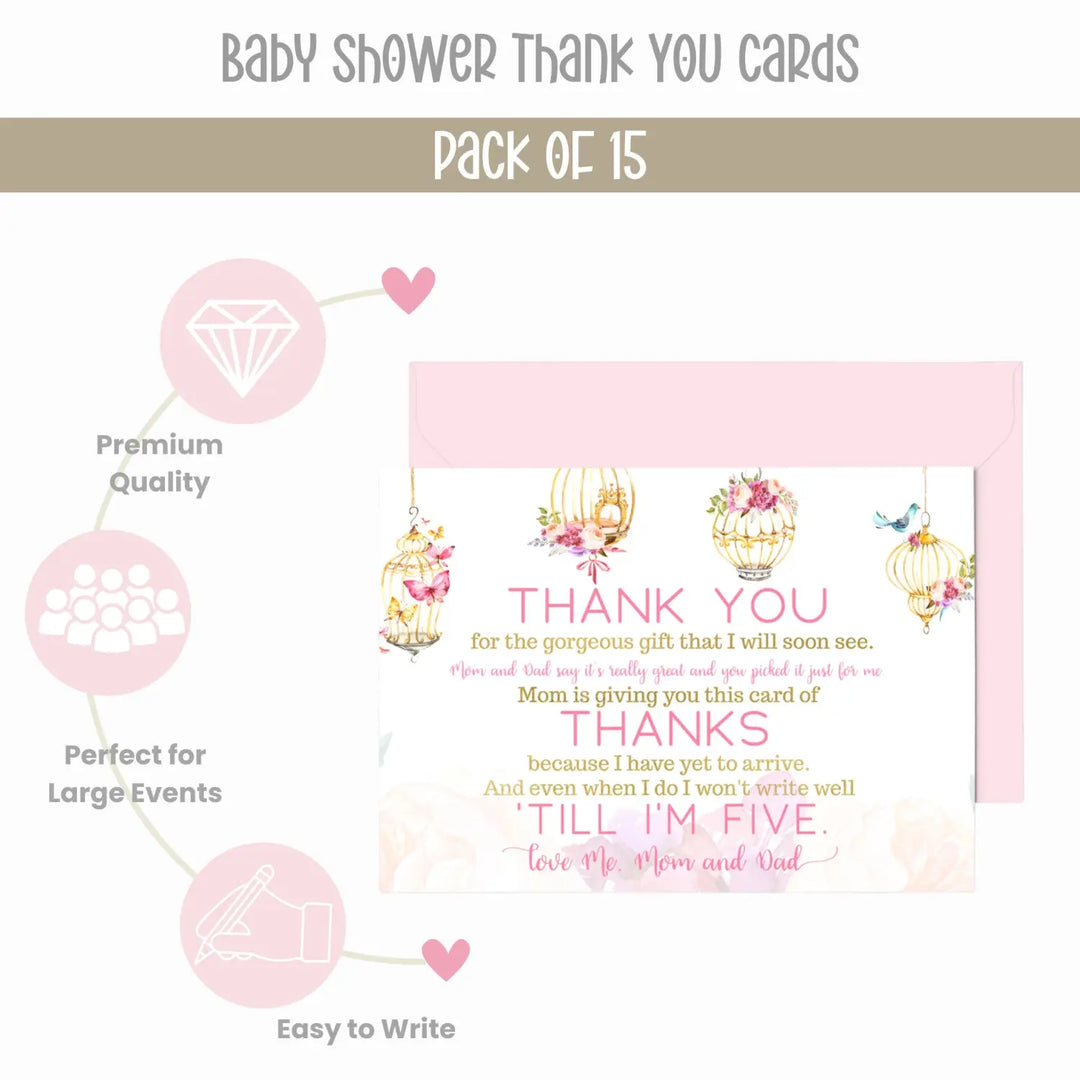 Butterfly and Floral Girls Baby Shower Thank You Cards - 15 Pack with Pink Envelopes, 4x6 - Paper Clever Party