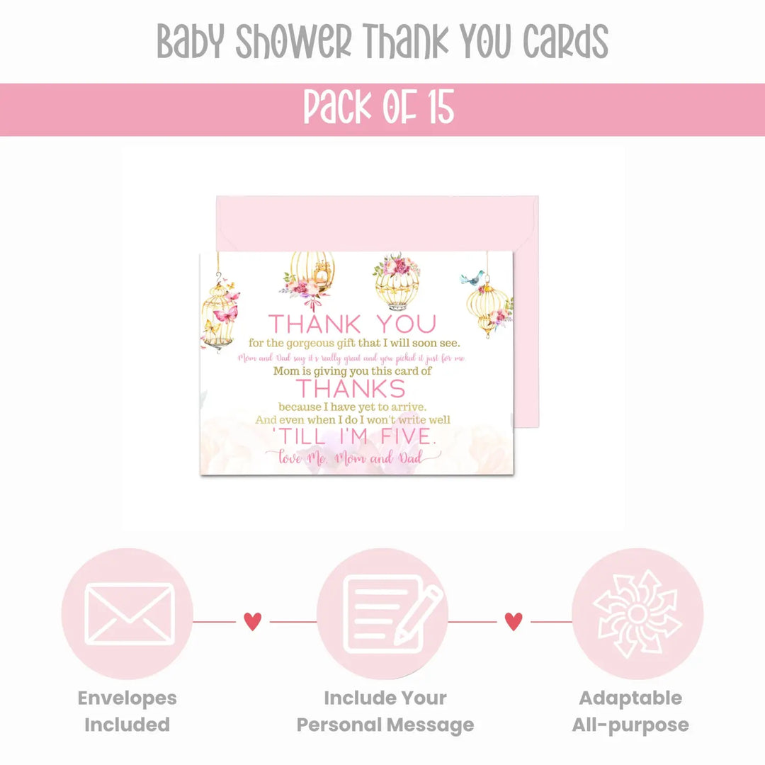 Butterfly and Floral Girls Baby Shower Thank You Cards - 15 Pack with Pink Envelopes, 4x6 - Paper Clever Party