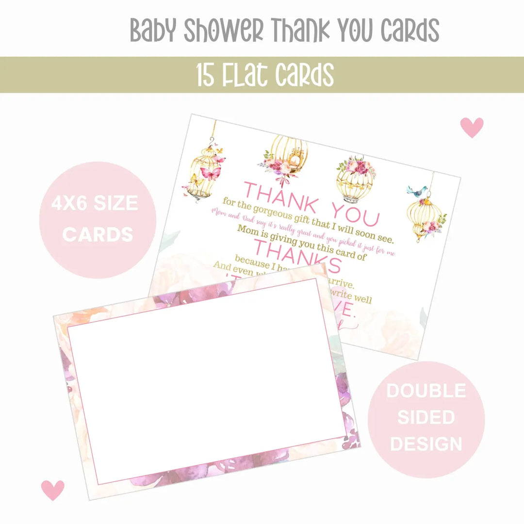 Butterfly and Floral Girls Baby Shower Thank You Cards - 15 Pack with Pink Envelopes, 4x6 - Paper Clever Party