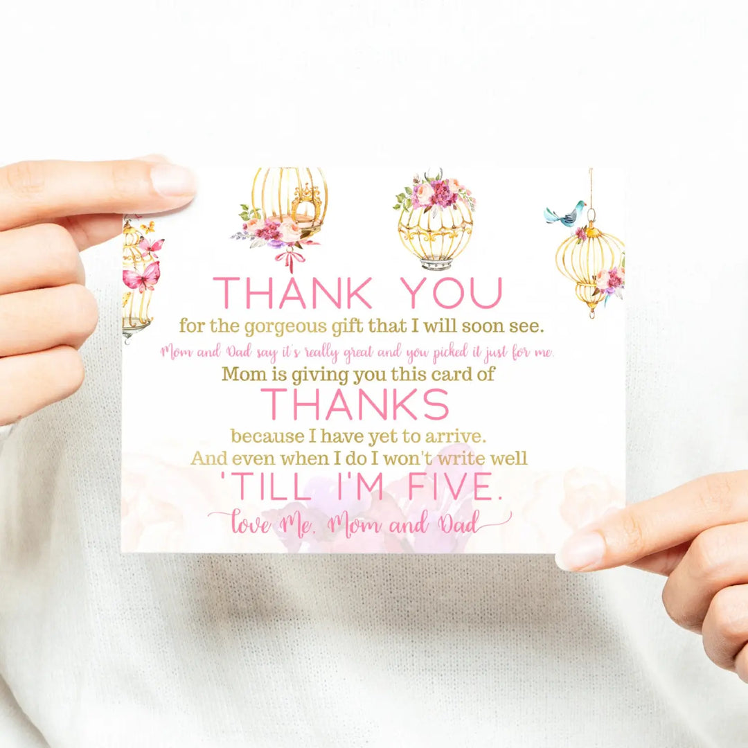 Butterfly and Floral Girls Baby Shower Thank You Cards - 15 Pack with Pink Envelopes, 4x6 - Paper Clever Party