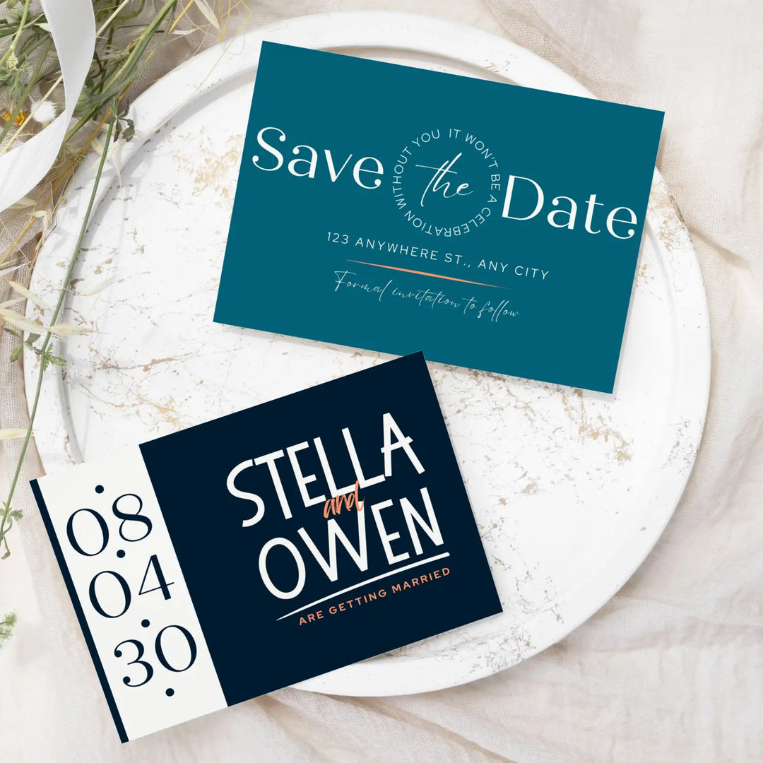 Custom Teal, Black, and White Save the Date Cards - Personalized 4x6 Inch Invitations with Elegant Typography and White Envelopes - Perfect for Weddings, Birthdays, and Showers