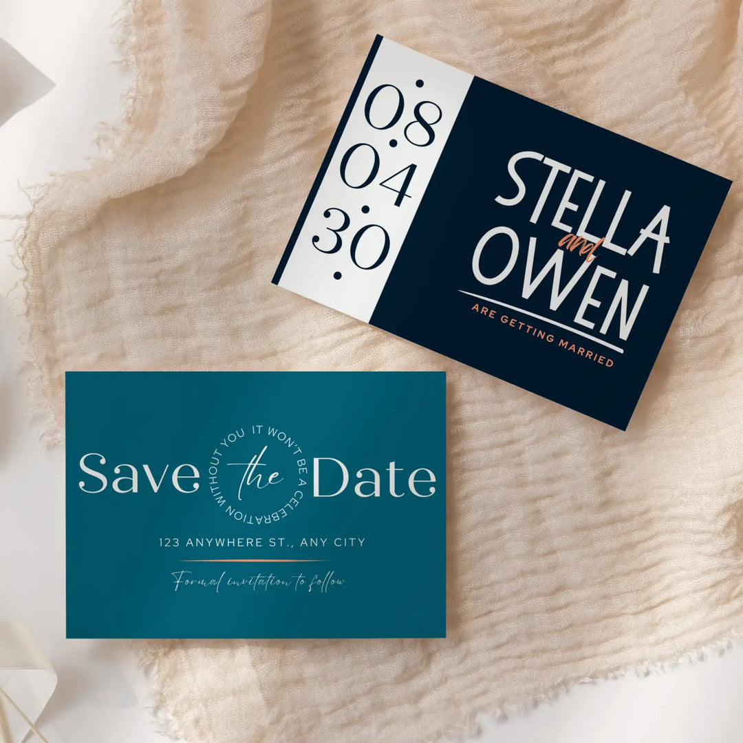 Custom Teal, Black, and White Save the Date Cards - Personalized 4x6 Inch Invitations with Elegant Typography and White Envelopes - Perfect for Weddings, Birthdays, and Showers