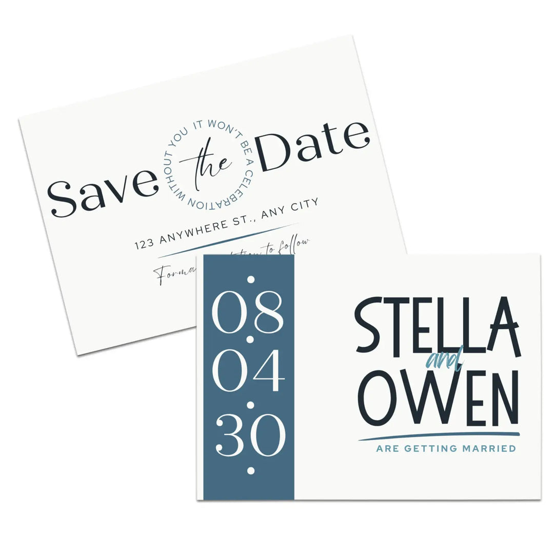 Custom Stone Blue and Cream Save the Date Cards - Personalized 4x6 Inch Invitations with Elegant Typography and White Envelopes - Perfect for Weddings, Birthdays, and Showers