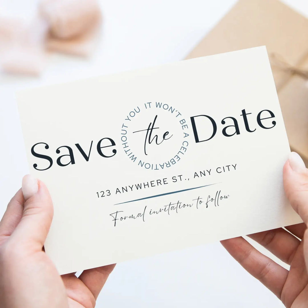 Custom Stone Blue and Cream Save the Date Cards - Personalized 4x6 Inch Invitations with Elegant Typography and White Envelopes - Perfect for Weddings, Birthdays, and Showers