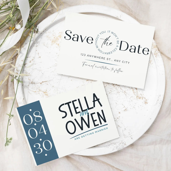 Custom Stone Blue and Cream Save the Date Cards - Personalized 4x6 Inch Invitations with Elegant Typography and White Envelopes - Perfect for Weddings, Birthdays, and Showers