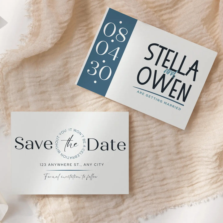 Custom Stone Blue and Cream Save the Date Cards - Personalized 4x6 Inch Invitations with Elegant Typography and White Envelopes - Perfect for Weddings, Birthdays, and Showers