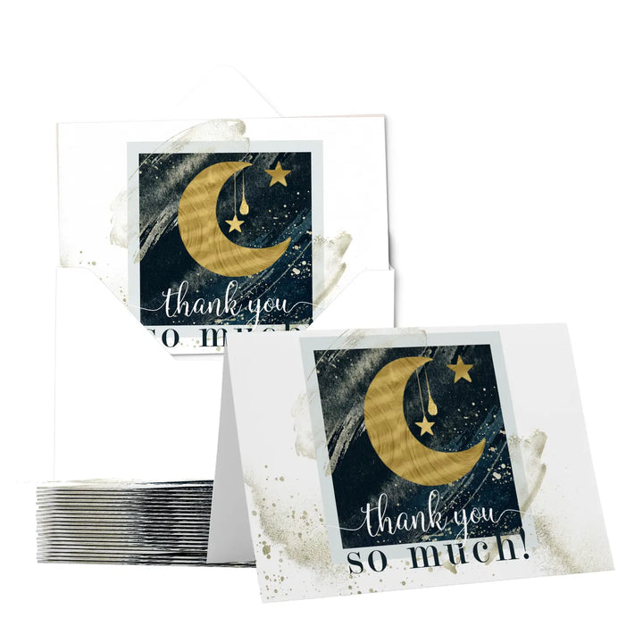 Celestial star & moon themed thank you cards - 25-pack blue and gold notecards with envelopes - office product