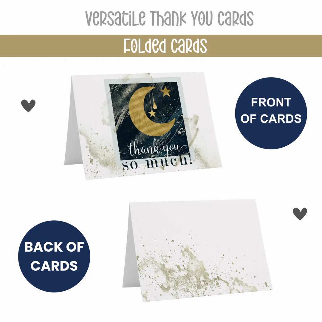 Celestial Star & Moon Themed Thank You Cards - 25-Pack, Blue and Gold Notecards with Envelopes - Paper Clever Party