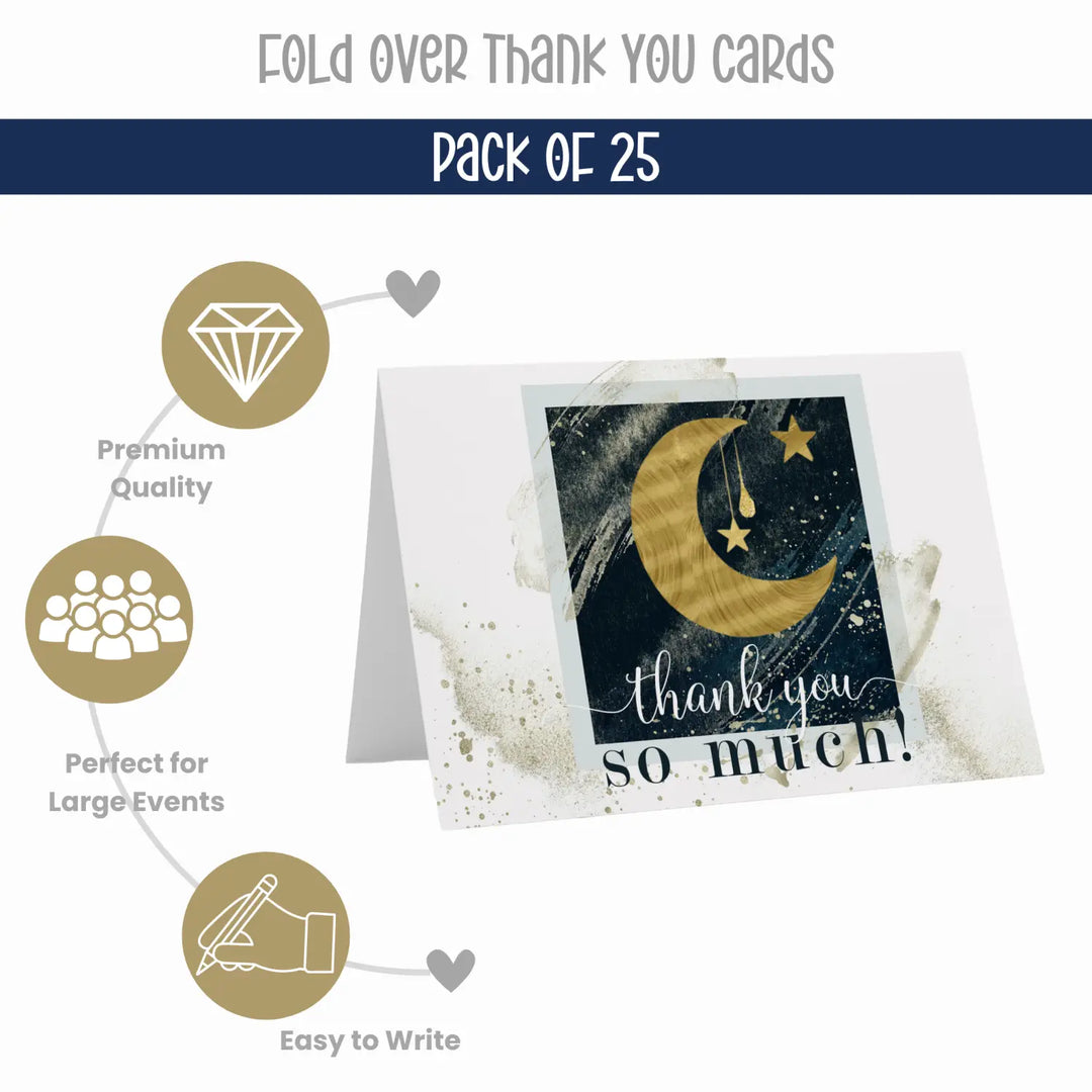 Celestial Star & Moon Themed Thank You Cards - 25-Pack, Blue and Gold Notecards with Envelopes - Paper Clever Party