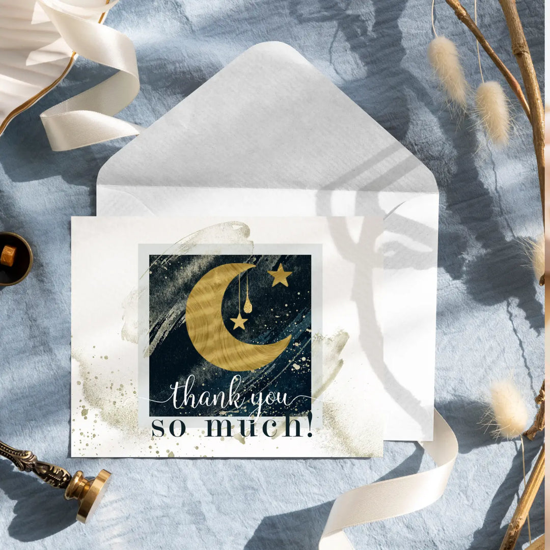 Celestial Star & Moon Themed Thank You Cards - 25-Pack, Blue and Gold Notecards with Envelopes - Paper Clever Party