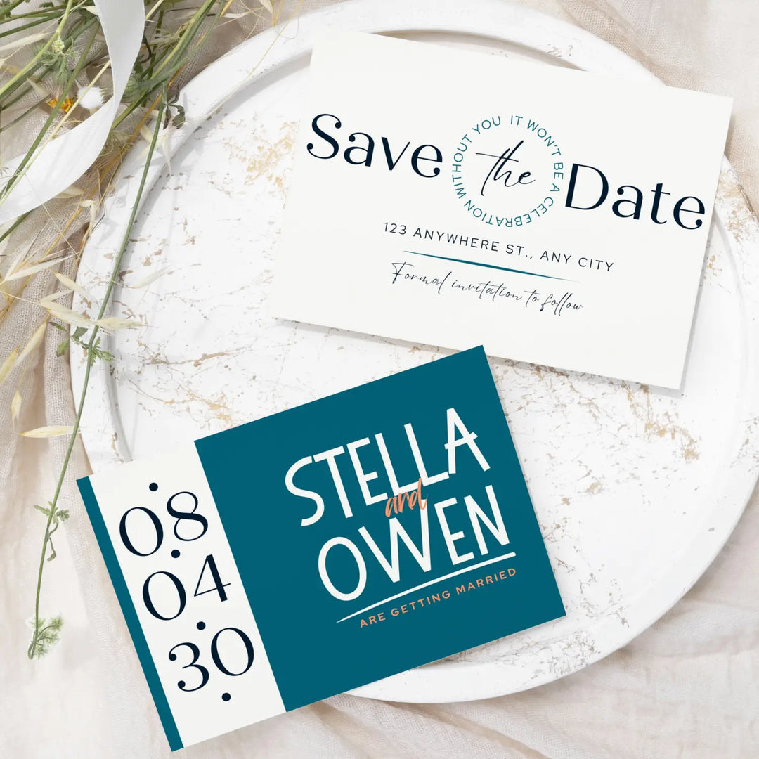 Custom Vintage Cream and Jade Blue Save the Date Cards - Personalized 4x6 Inch Invitations with Elegant Typography and White Envelopes - Perfect for Weddings, Birthdays, and Showers