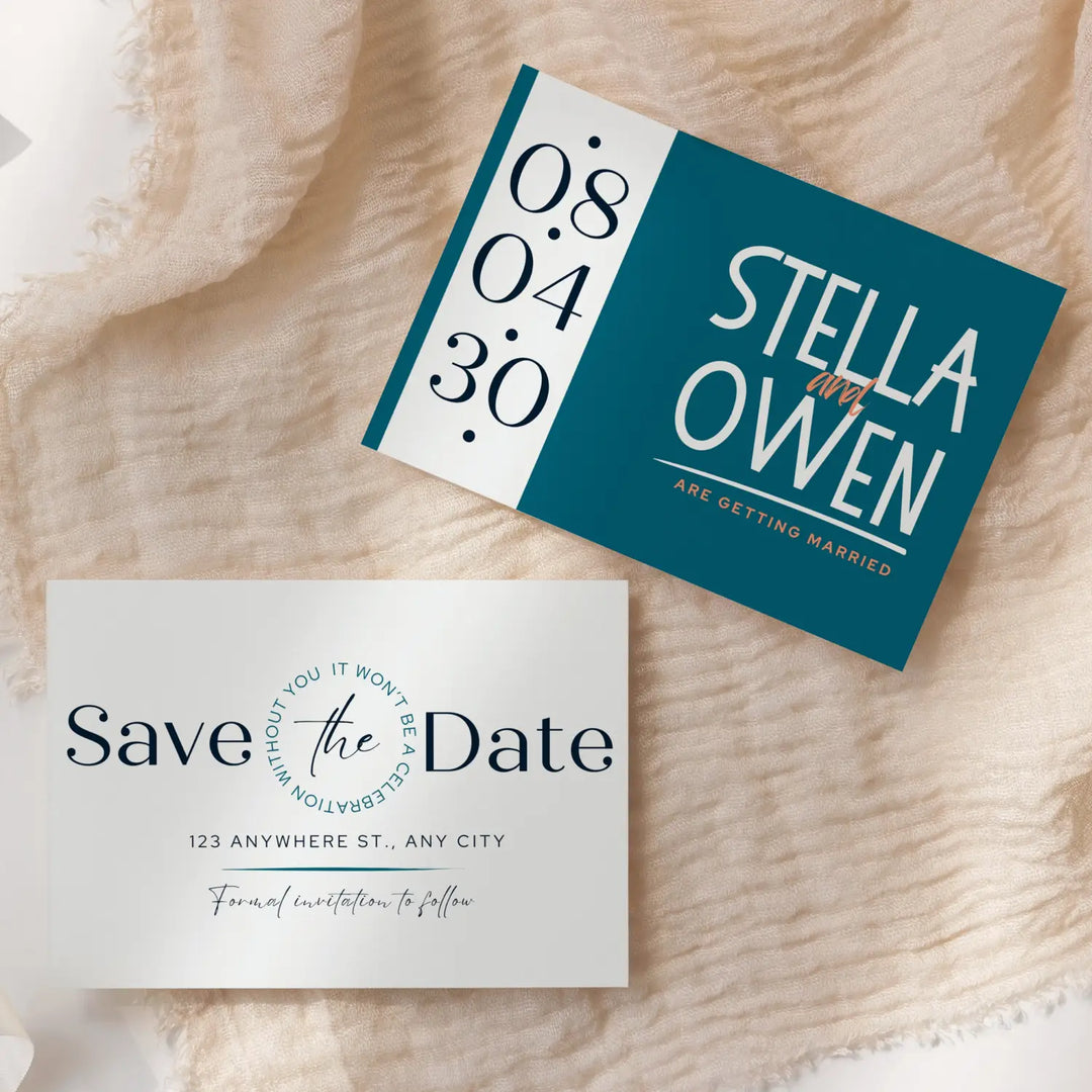 Custom Vintage Cream and Jade Blue Save the Date Cards - Personalized 4x6 Inch Invitations with Elegant Typography and White Envelopes - Perfect for Weddings, Birthdays, and Showers