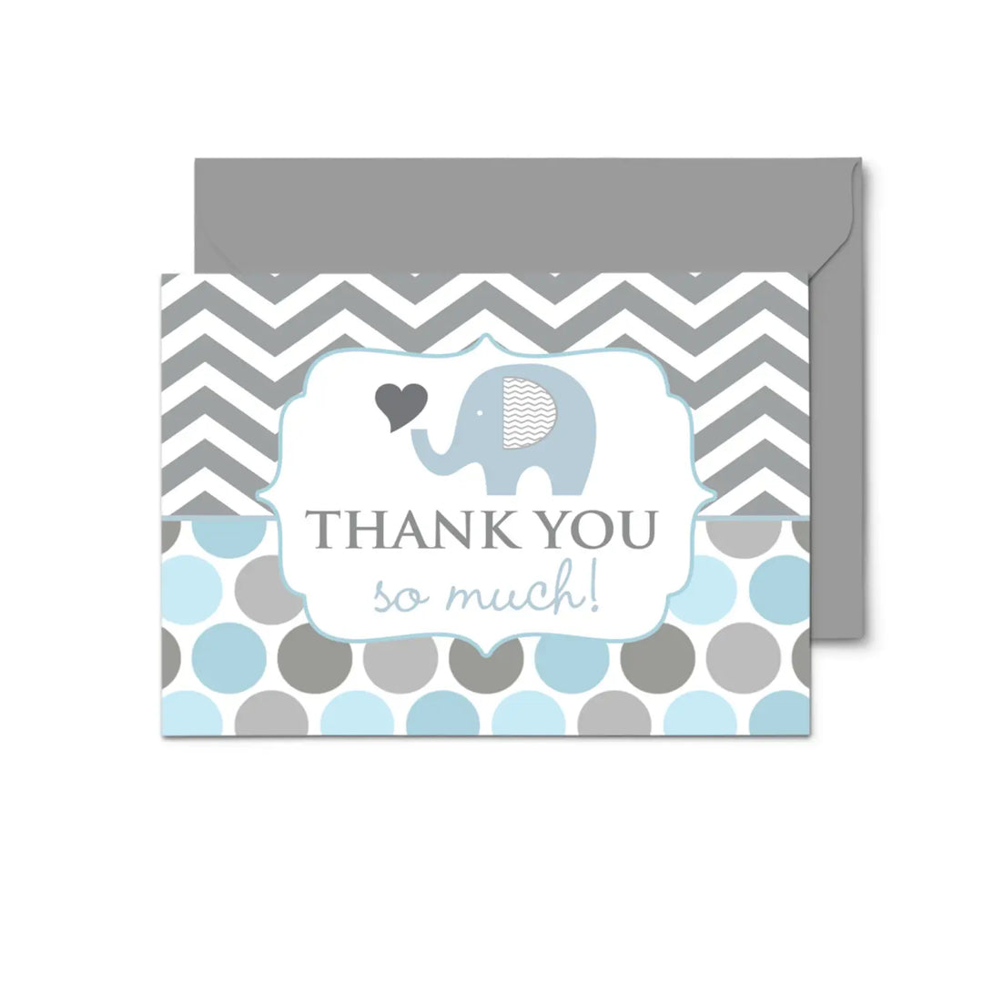 Charming Blue Elephant Thank You Cards - 20-Pack for Baby Boy Showers - Royal Jungle Prince Theme - Paper Clever Party