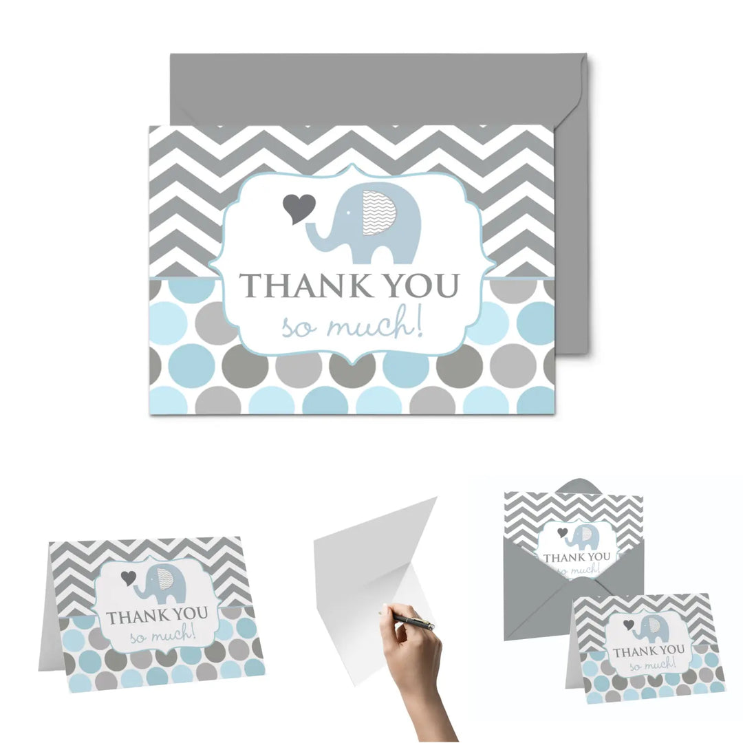 Charming Blue Elephant Thank You Cards - 20-Pack for Baby Boy Showers - Royal Jungle Prince Theme - Paper Clever Party