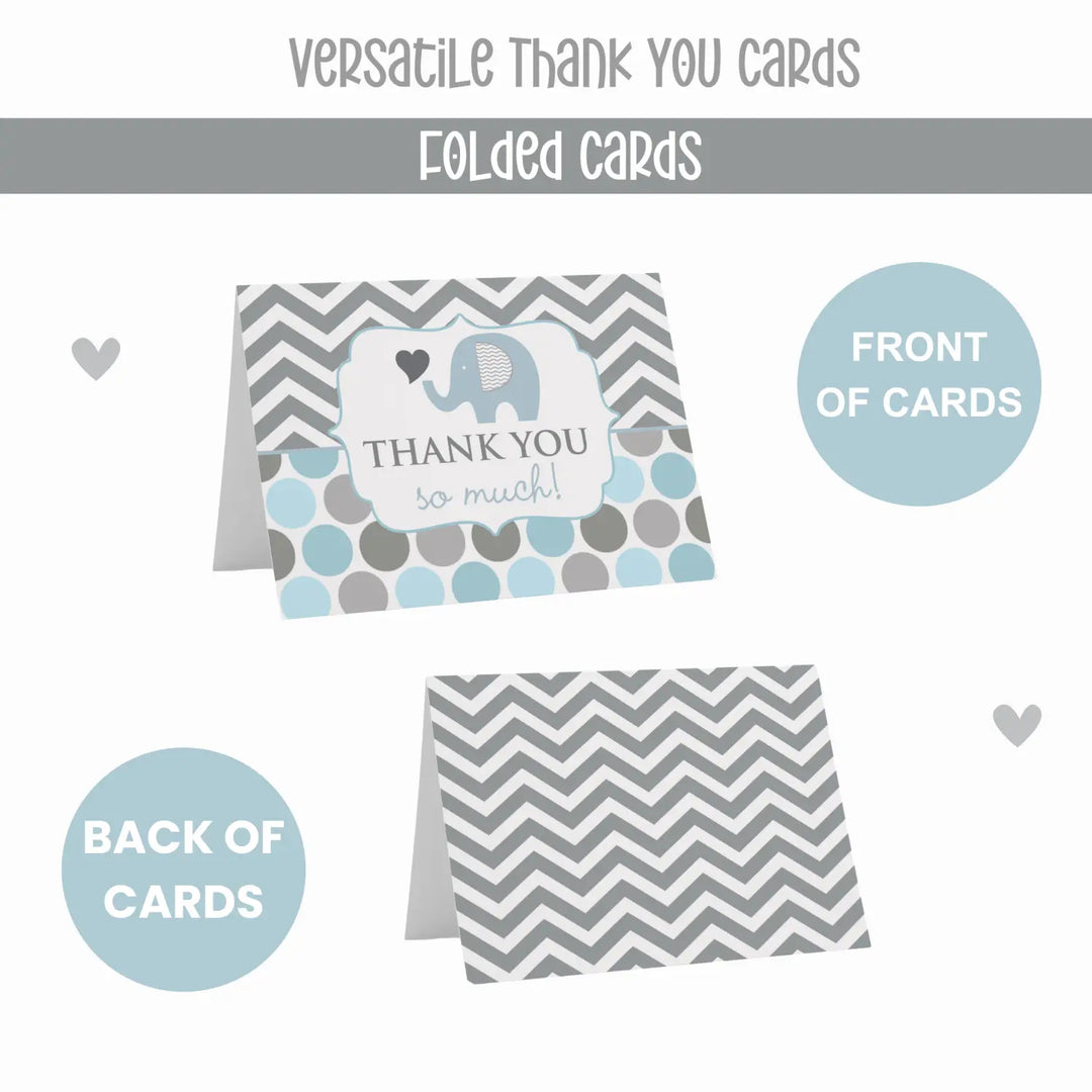 Charming Blue Elephant Thank You Cards - 20-Pack for Baby Boy Showers - Royal Jungle Prince Theme - Paper Clever Party