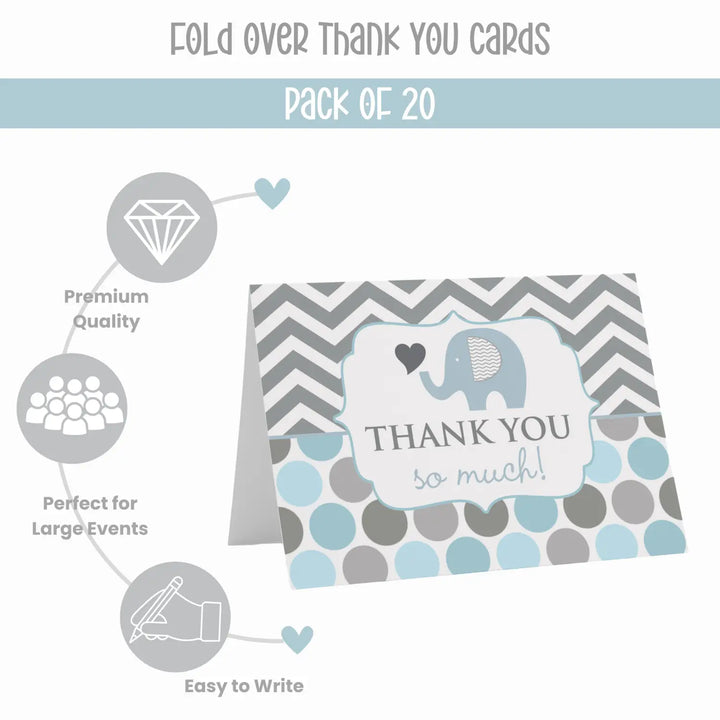 Charming Blue Elephant Thank You Cards - 20-Pack for Baby Boy Showers - Royal Jungle Prince Theme - Paper Clever Party