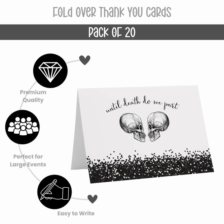 Chic Glam Skull Gothic Thank You Cards - 20-Pack, Black & White Design for Edgy Weddings & Events - Paper Clever Party