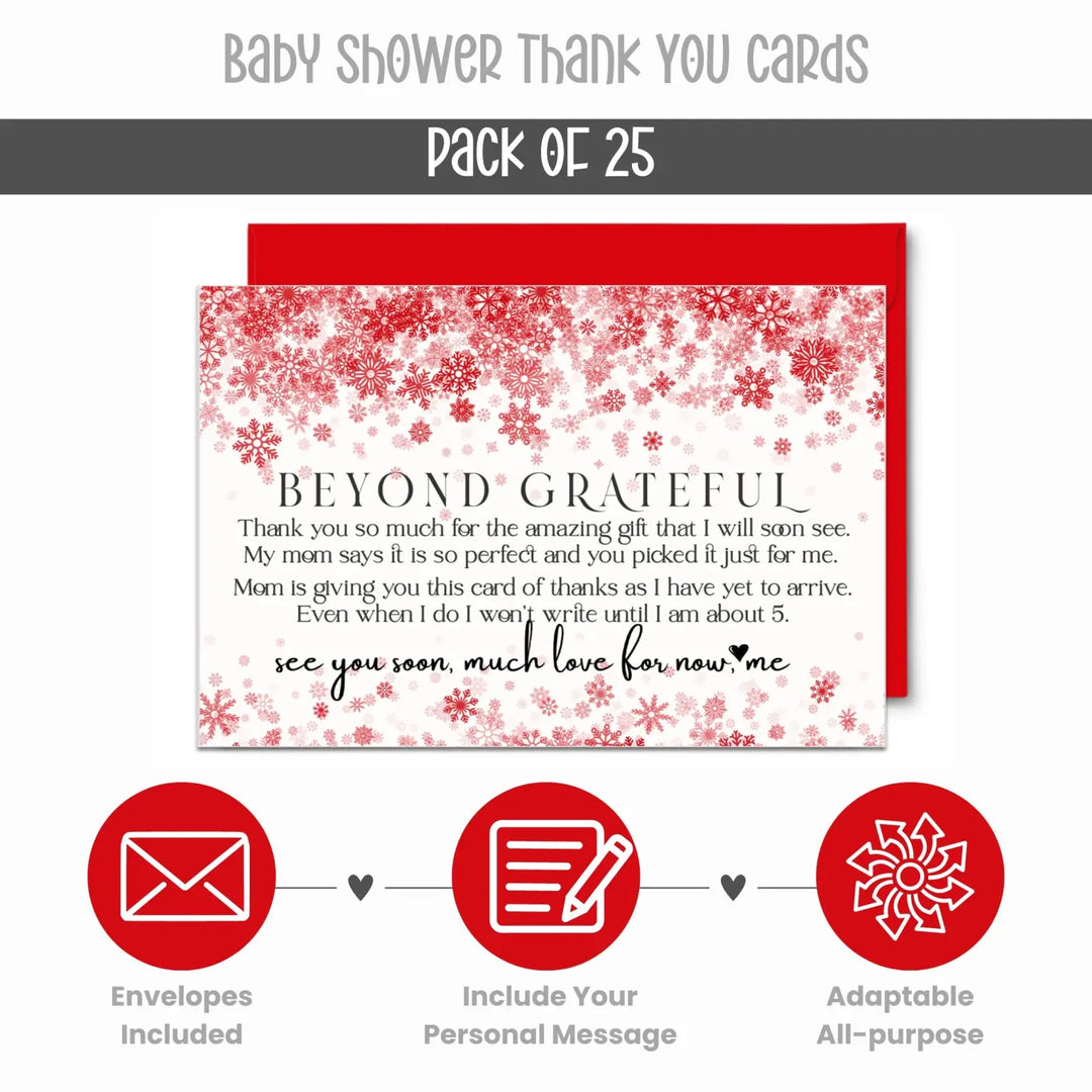 Christmas Baby Shower Thank You Cards – Red Notecards with Envelopes (Pack of 25) - Paper Clever Party