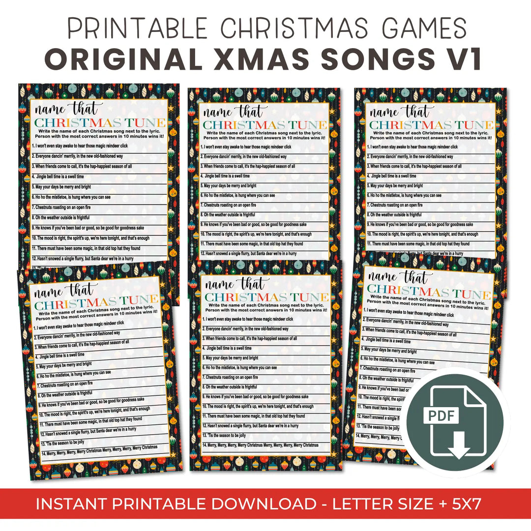 Christmas song trivia game – printable holiday music quiz instant download festive fun 5x7 & letter size ornament