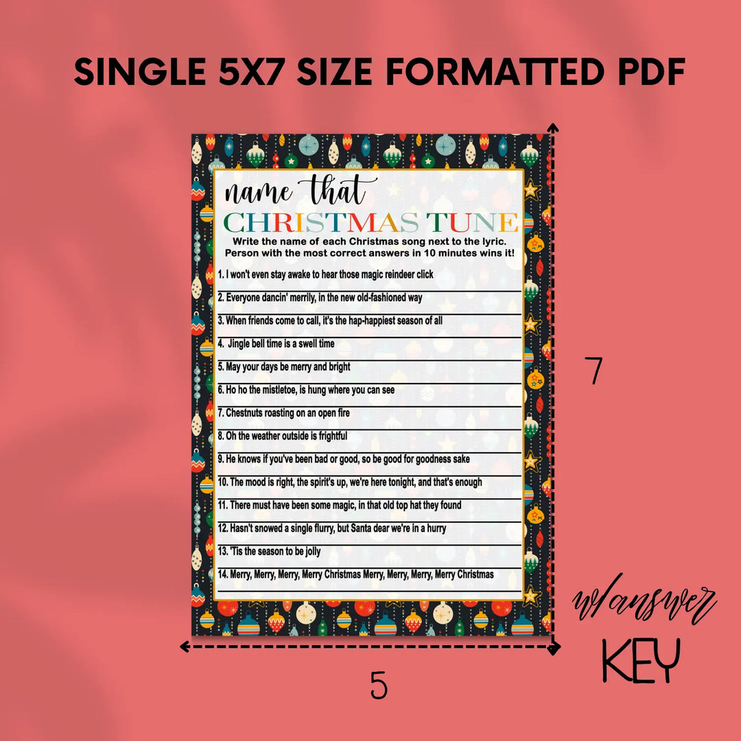 Christmas song trivia game – printable holiday music quiz instant download festive fun 5x7 & letter size ornament
