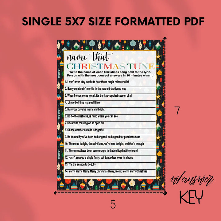 Christmas song trivia game – printable holiday music quiz instant download festive fun 5x7 & letter size ornament