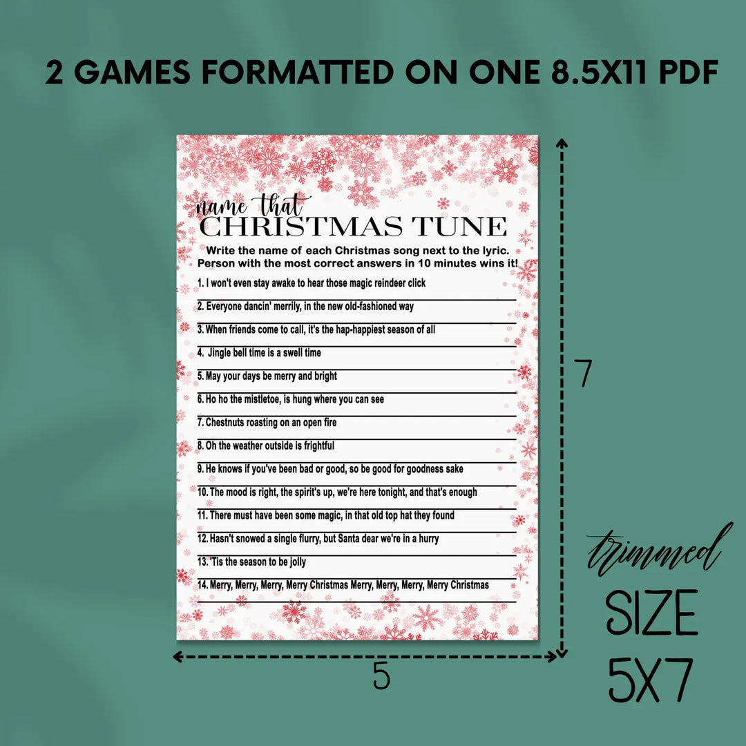 Christmas song trivia game – printable holiday music quiz instant download festive fun 5x7 & letter size snowflake