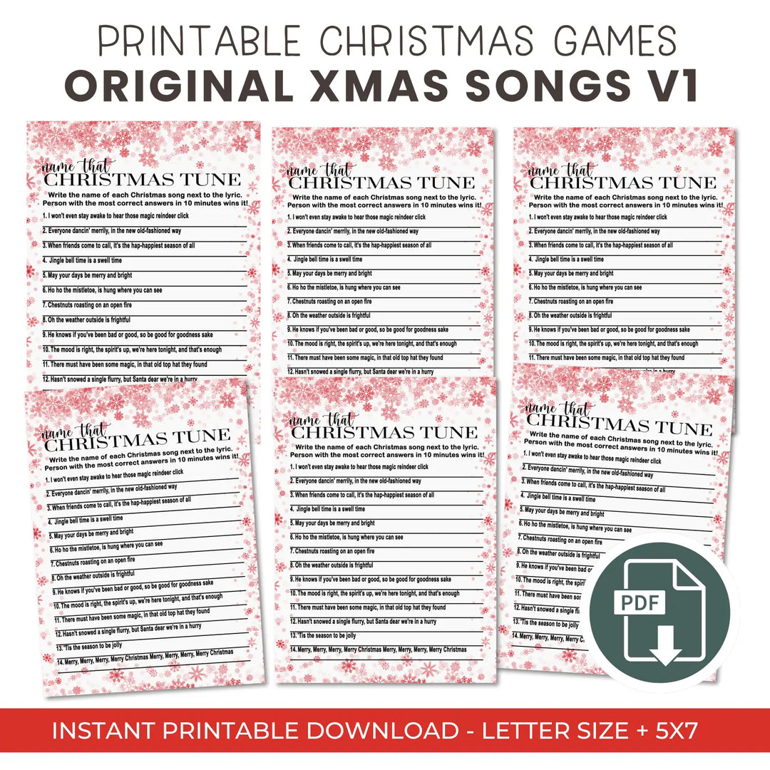 Christmas song trivia game – printable holiday music quiz instant download festive fun 5x7 & letter size snowflake