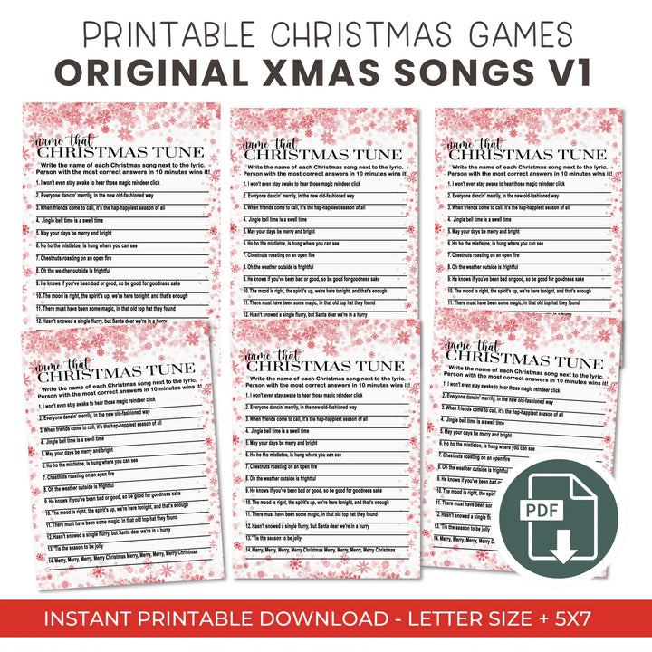 Christmas song trivia game – printable holiday music quiz instant download festive fun 5x7 & letter size snowflake