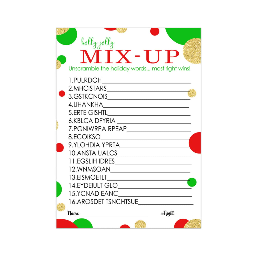 Christmas Word Scramble Game, Holiday Unscramble Party Activity for Adults, Groups, Office, Gold Red and Green, 25 Pack, 5x7 Cards - Paper Clever Party