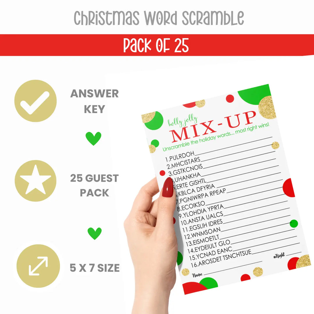 Christmas Word Scramble Game, Holiday Unscramble Party Activity for Adults, Groups, Office, Gold Red and Green, 25 Pack, 5x7 Cards - Paper Clever Party