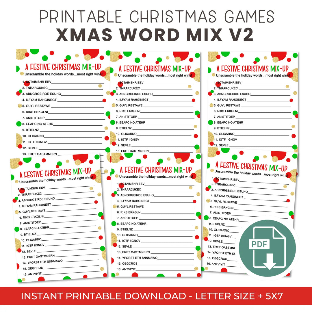 Christmas word scramble printable – digital download instant red and green - party games