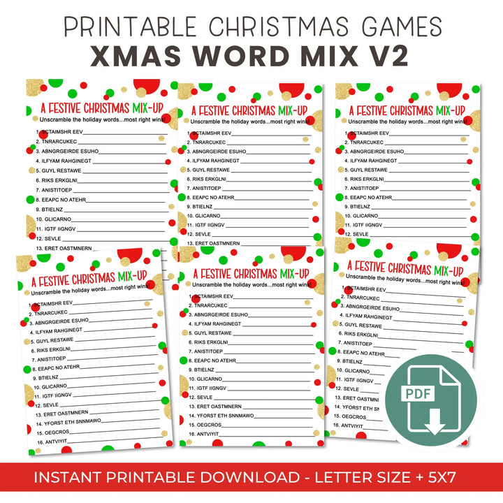 Christmas word scramble printable – digital download instant red and green - party games