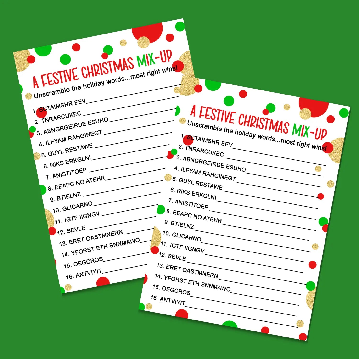 Christmas word scramble printable – digital download instant red and green - party games
