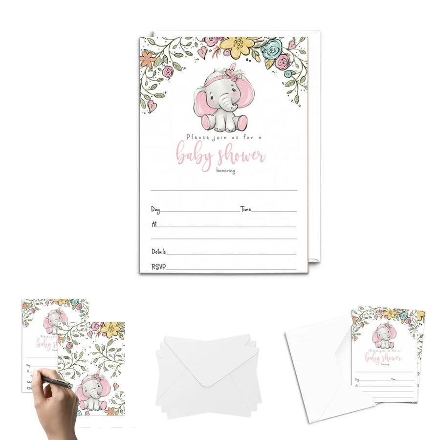 Cottage Elephant Baby Shower Invitations with Envelopes, 25 Pack, Pink Floral, 5x7 Blank Cards for Girls - Paper Clever Party