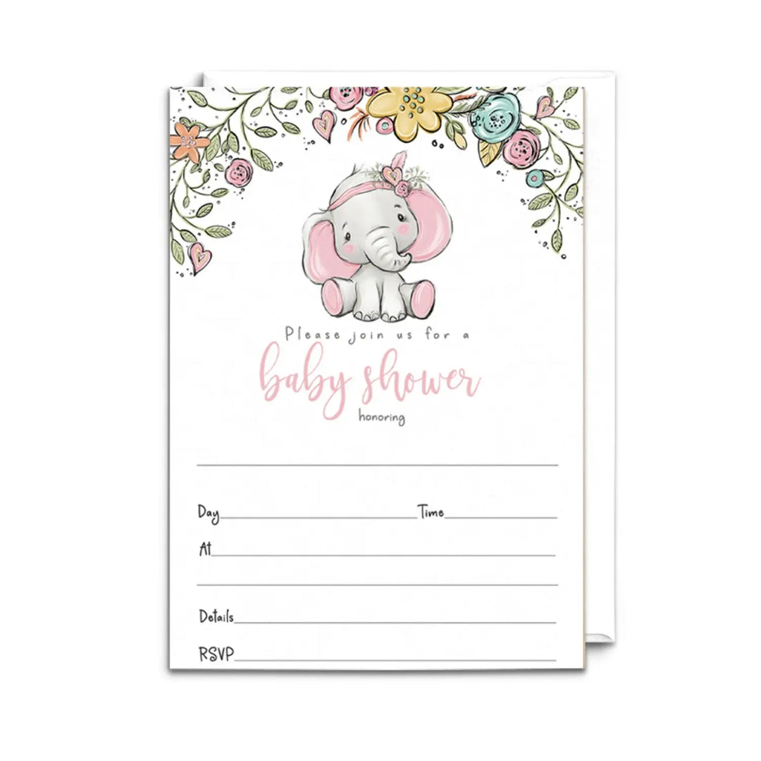 Cottage elephant baby shower invitations with envelopes 25 pack pink floral 5x7 blank cards for girls