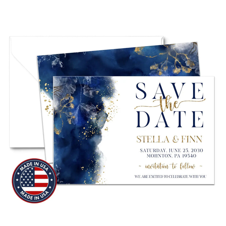Navy watercolor and gold floral save the date cards custom wedding engagement announcements a2 size with envelopes